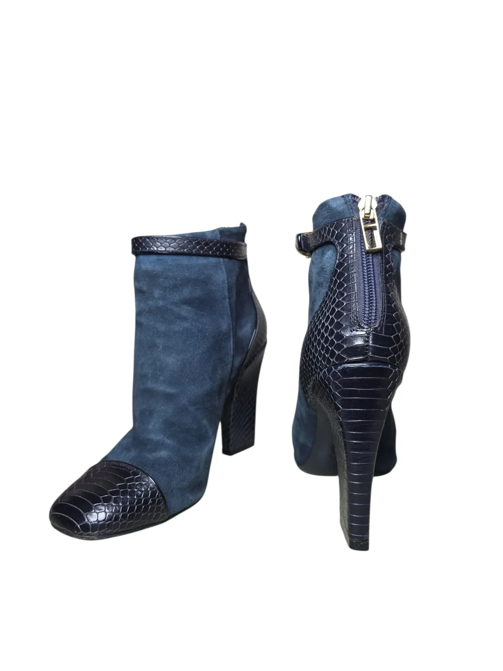 Tory Burch Navy Suede & Black Croc-Trim Ankle Booties, Size 7.